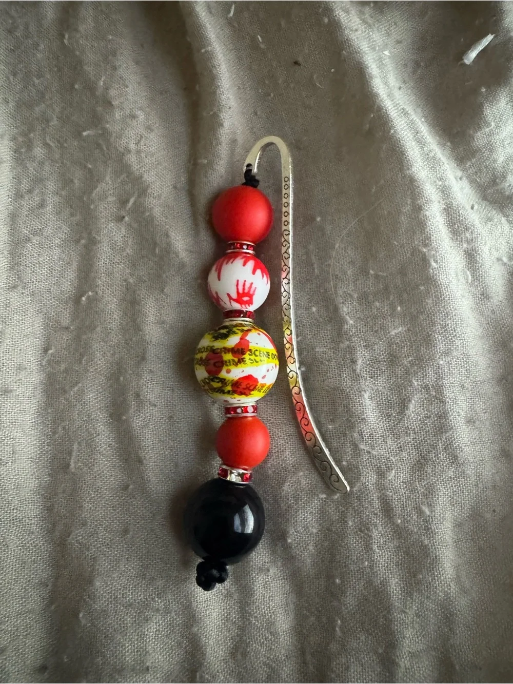 Handcrafted Red, Black & Yellow Beaded Bookmark with Silver Hook